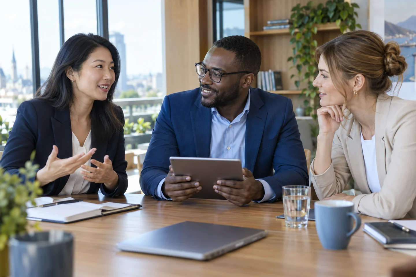 Profesionales de distintos países colaborando en una reunión con una tableta